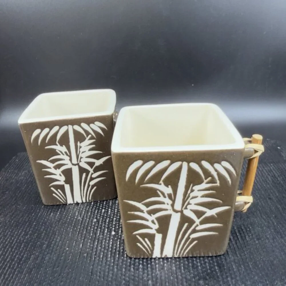 Global Home Vietnam Zazen Stoneware Bamboo Pattern Cups Mugs Set 2 Ceramic‎ VTG